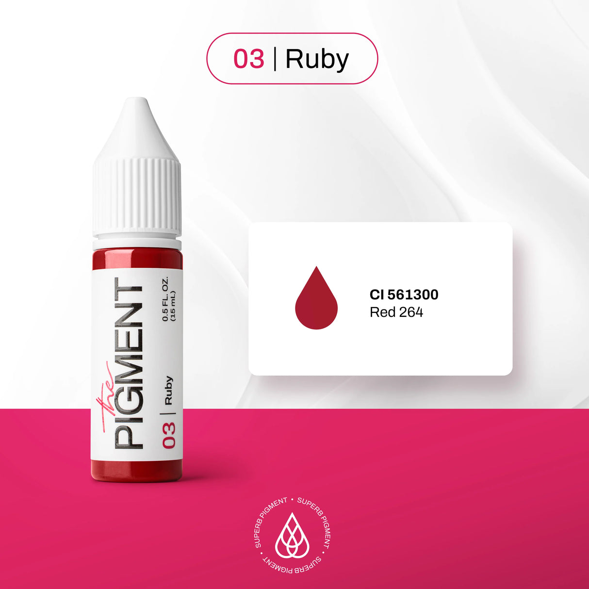 The Pigment 03 Ruby Pigment 15ml bottle showing vibrant red ruby pigment in clear container with black cap.