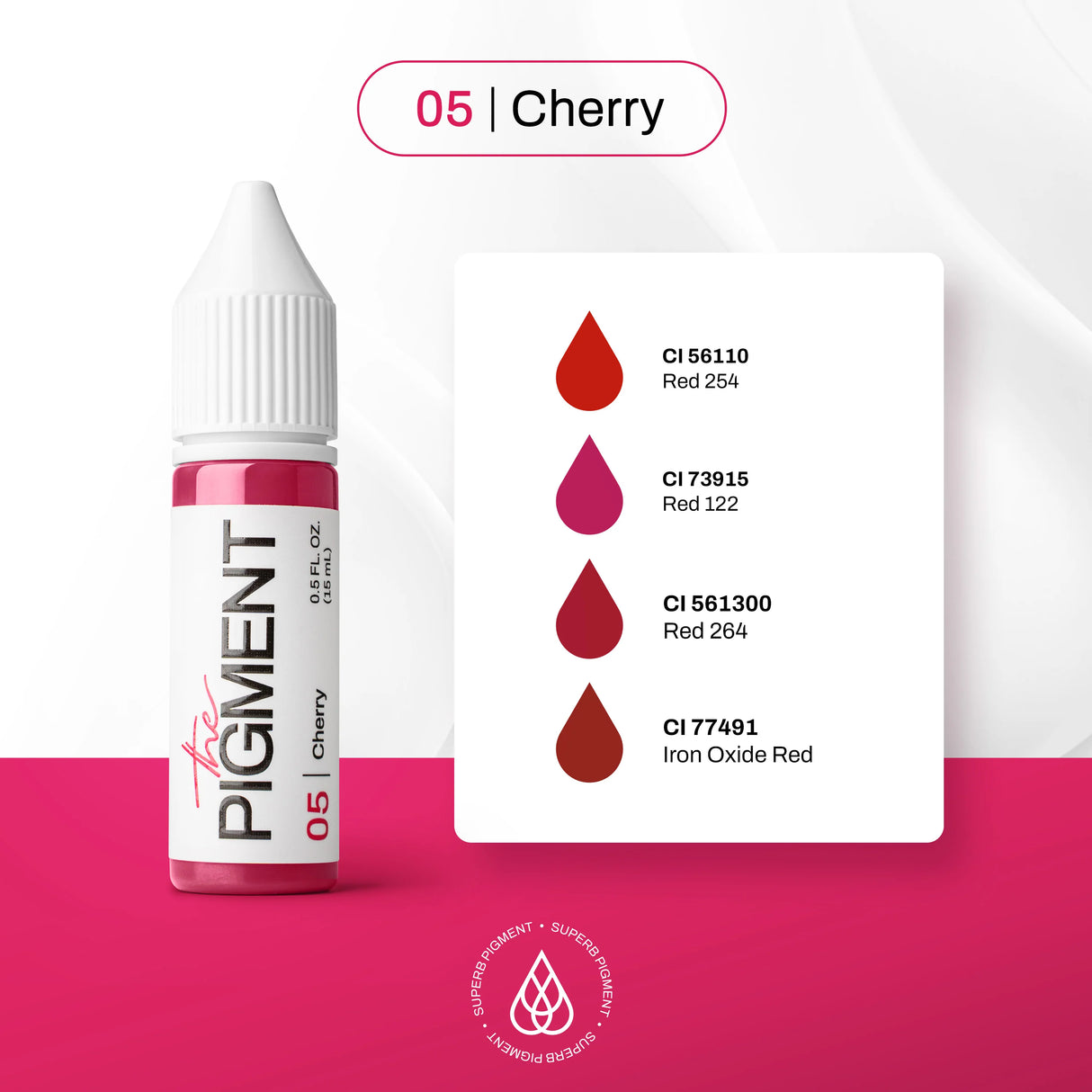The Pigment 05 Cherry Pigment 15ml bottle with vibrant red liquid, showcasing the bright cherry color and clear label.