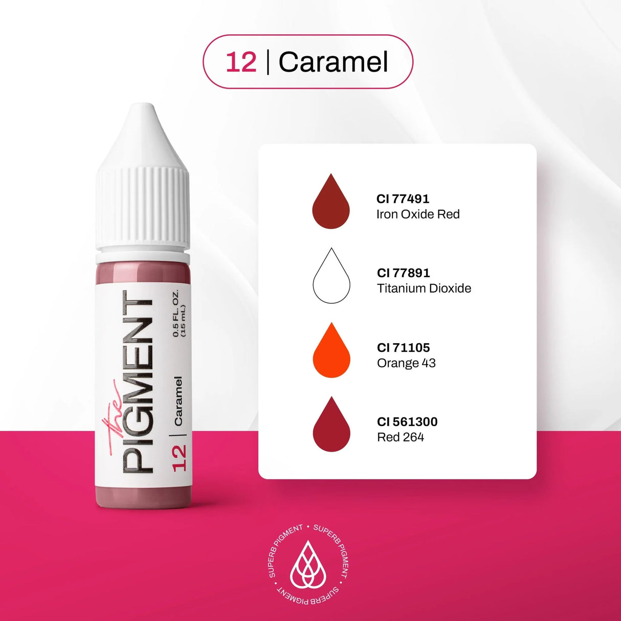 The Pigment 12 Caramel pigment in a 15ml bottle, showcasing a rich caramel-colored liquid suitable for artistic and cosmetic use.