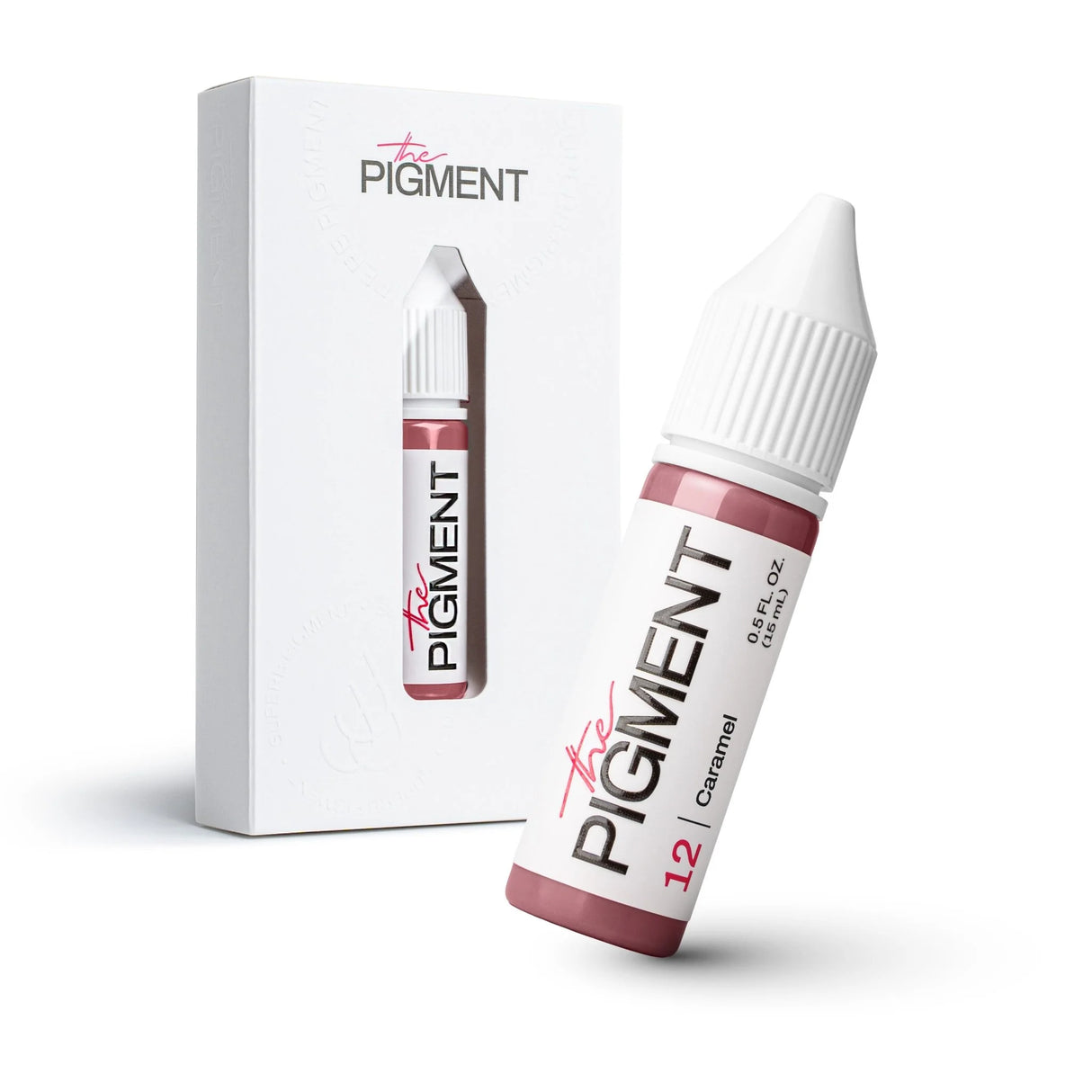 The Pigment 12 Caramel Pigment in a 15ml bottle, showcasing warm caramel-colored liquid with a black cap.