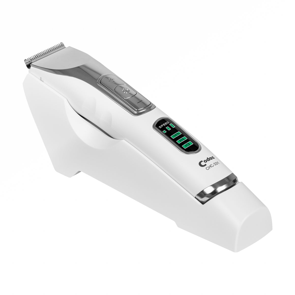 Wireless hair trimmer in black with adjustable blades, featuring a sleek design by CODOS, model WES-331.