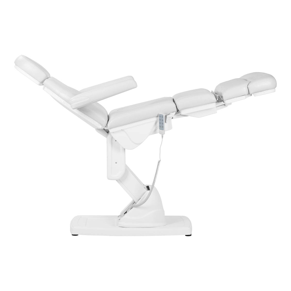 Kate electric podiatry chair in white with 4 actuators, designed for beauty salon use, featuring adjustable seating and footrest.