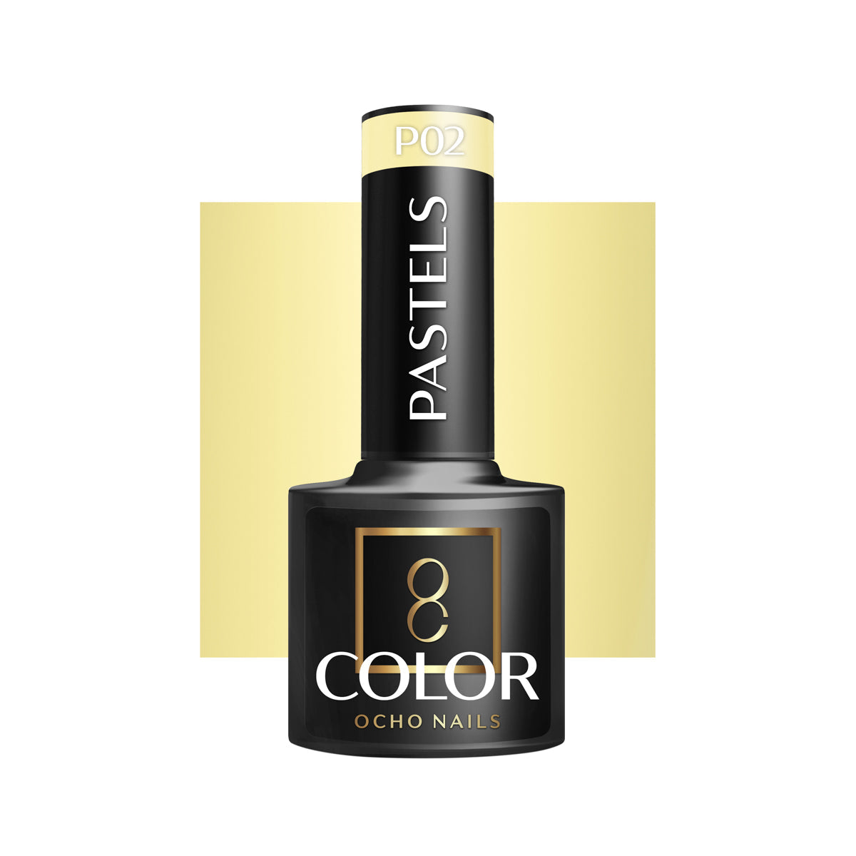 OCHO NAILS Hybrid nail polish in pastel shade P02, 5g bottle with smooth, glossy finish on a white background.