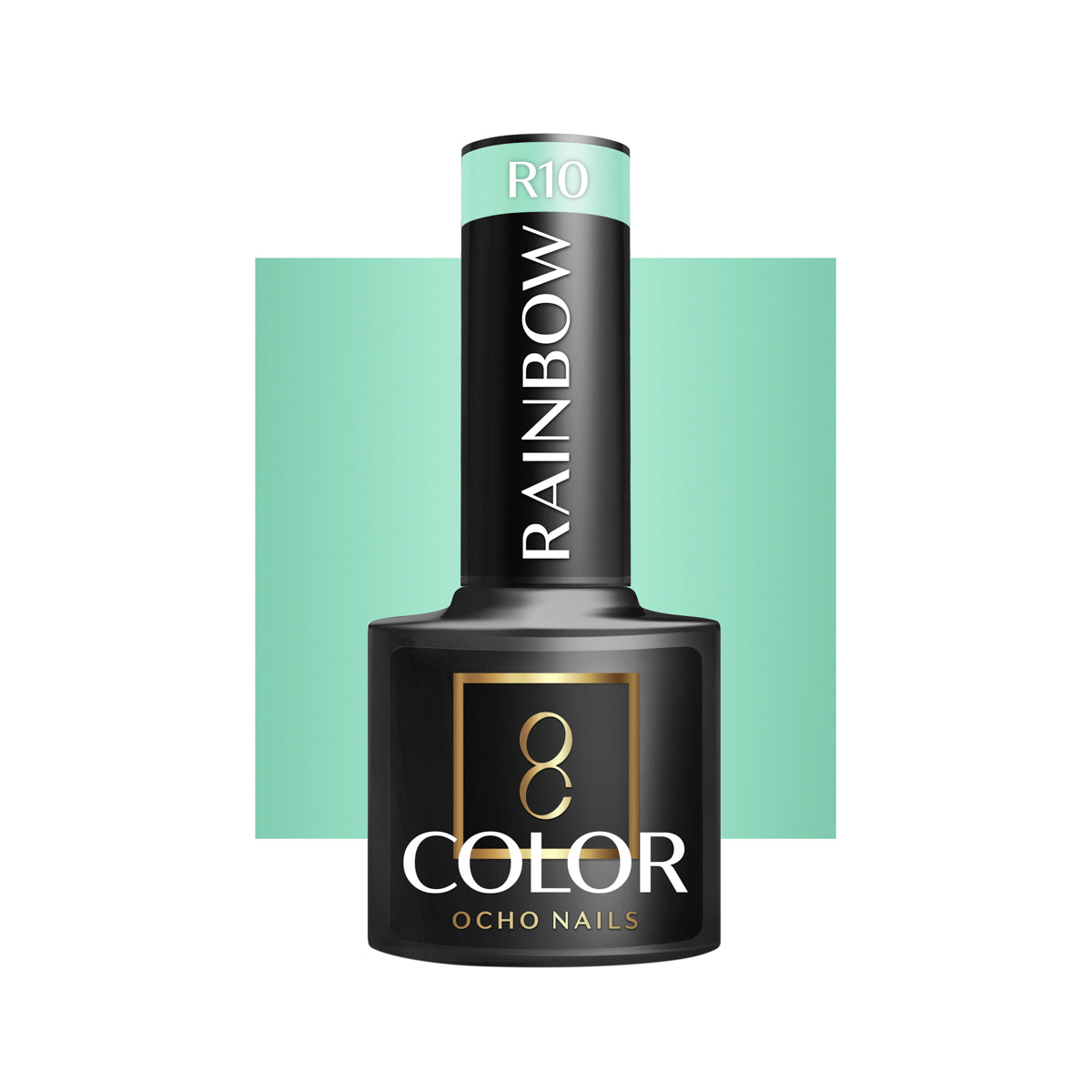 OCHO NAILS Hybrid Nail Polish Rainbow R10, 5g, showcasing a vibrant rainbow-colored nail polish bottle with colorful cap.