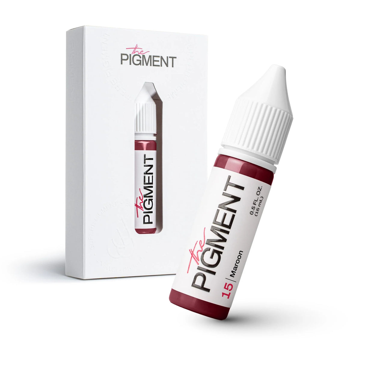 Maroon pigment in a 15ml container from The Pigment brand, showing the vibrant maroon color and packaging.