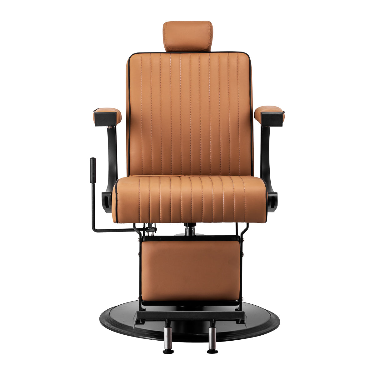 Light brown Gabbiano Visionerio barber chair with padded seat and backrest, adjustable armrests, and chrome base in barbershop furniture setting.