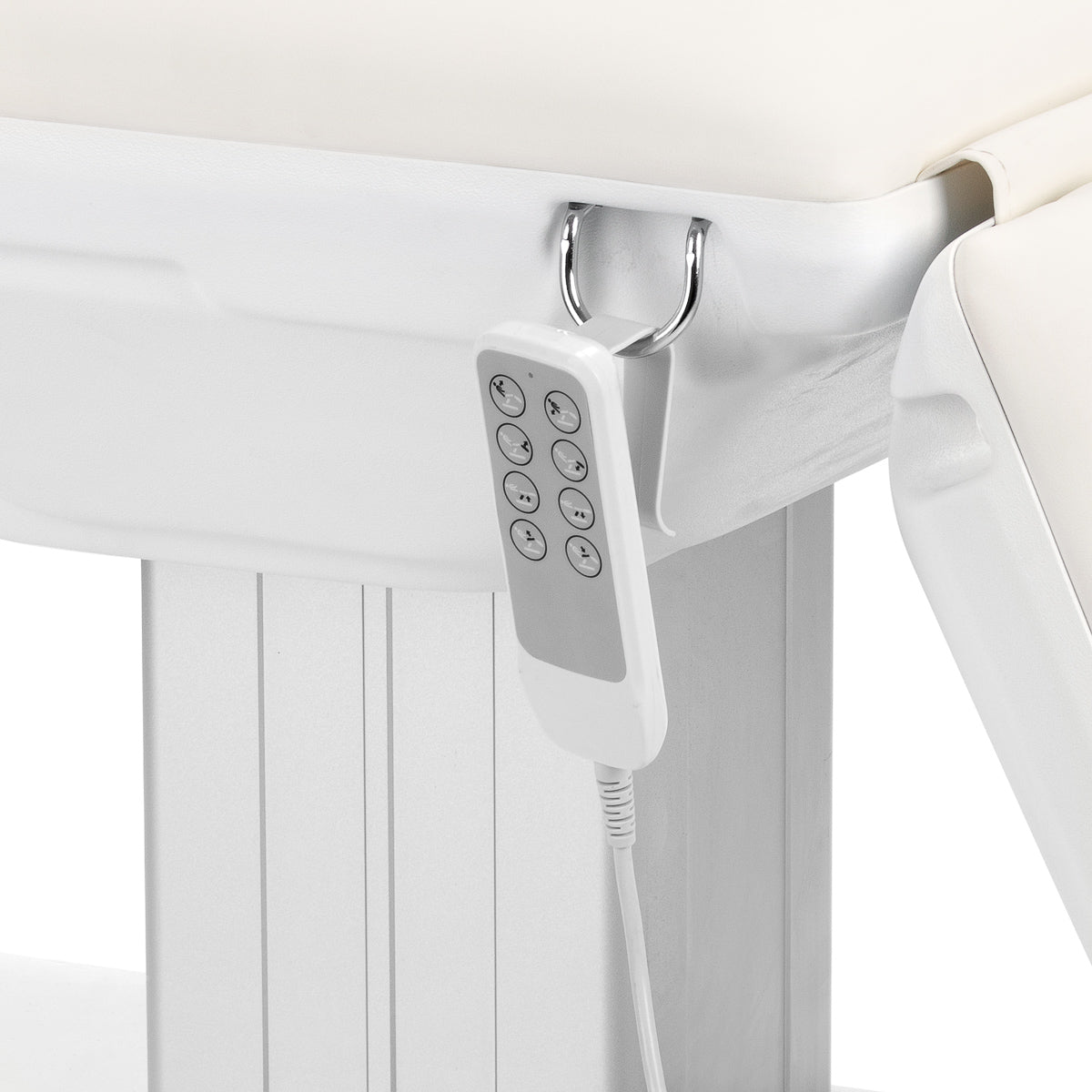 Electric cosmetic chair SILLON Eclipse with white upholstery and four actuators, designed for beauty salon comfort and functionality.