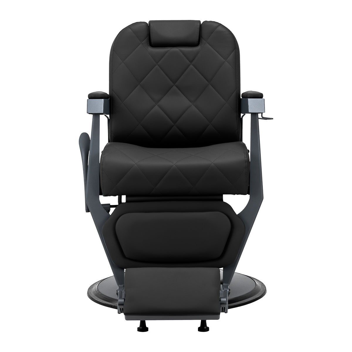 Gabbiano Bruno barber chair with black upholstery and graphite frame, designed for professional barbershop use.