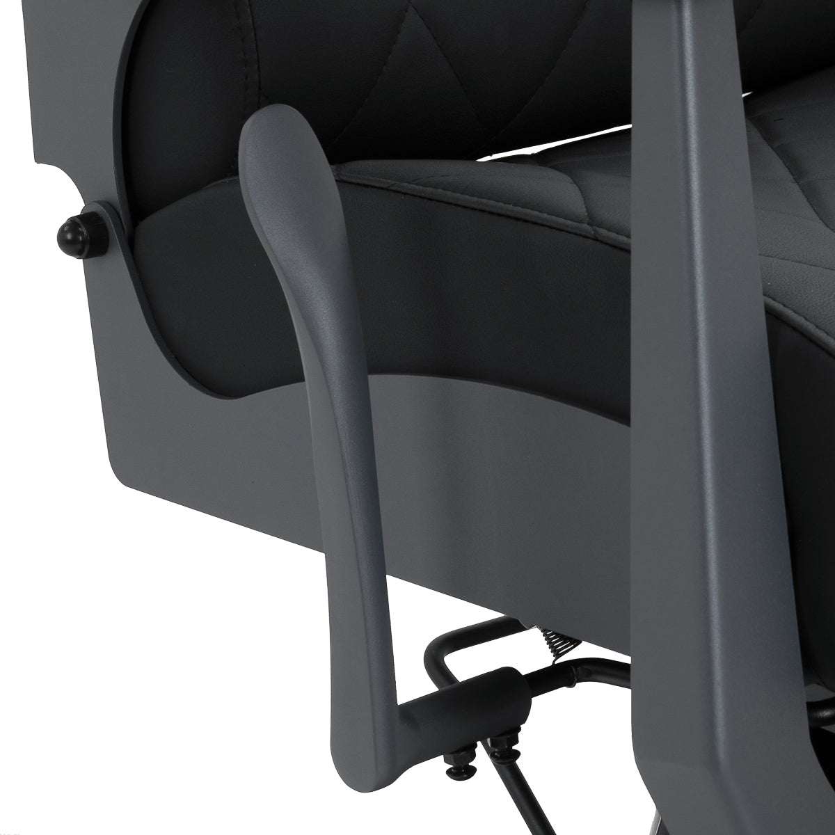 Gabbiano Bruno barber chair with graphite frame and black upholstery, stylish barbershop furniture with adjustable features.