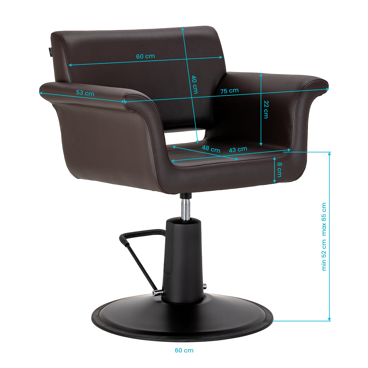 Gabbiano Lucca brown hairdressing chair with padded seat and backrest, adjustable height, and armrests for salon styling.