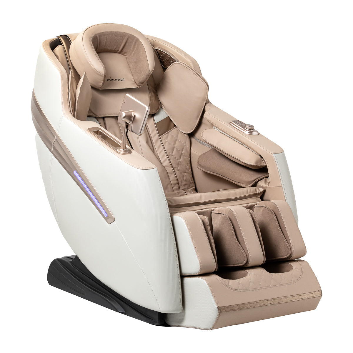 White Sakura Prime 101 massage chair from SAKURA with plush cushioning and modern design, showcasing its ergonomic shape and features.