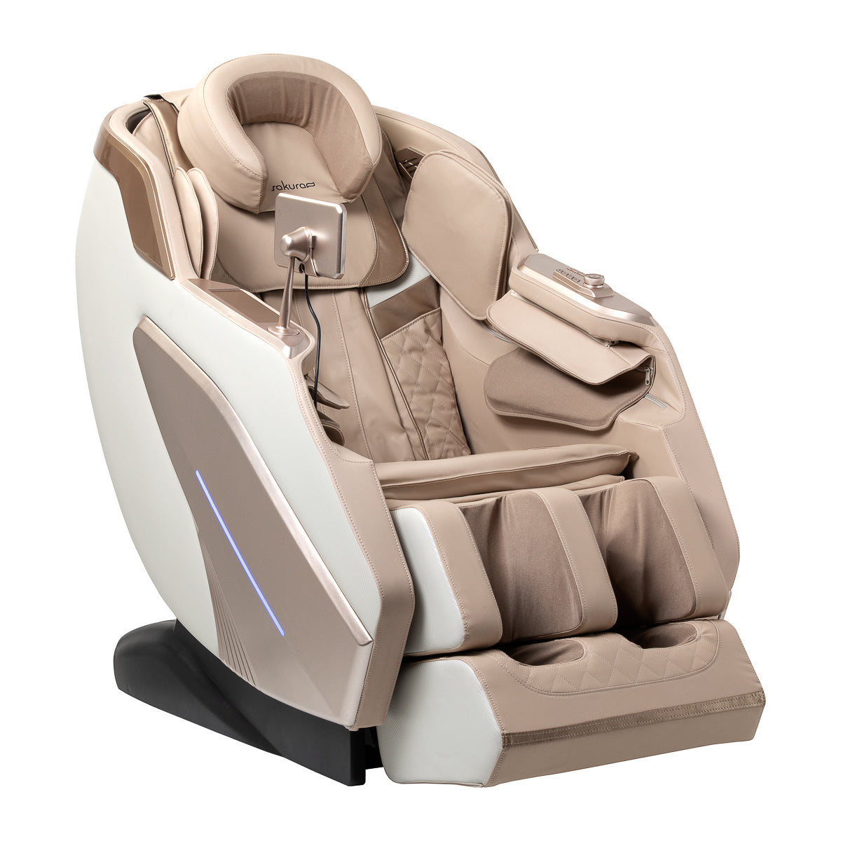 White Sakura Prime 108 massage chair from Sakura Massage Furniture, showcasing plush upholstery and ergonomic design.