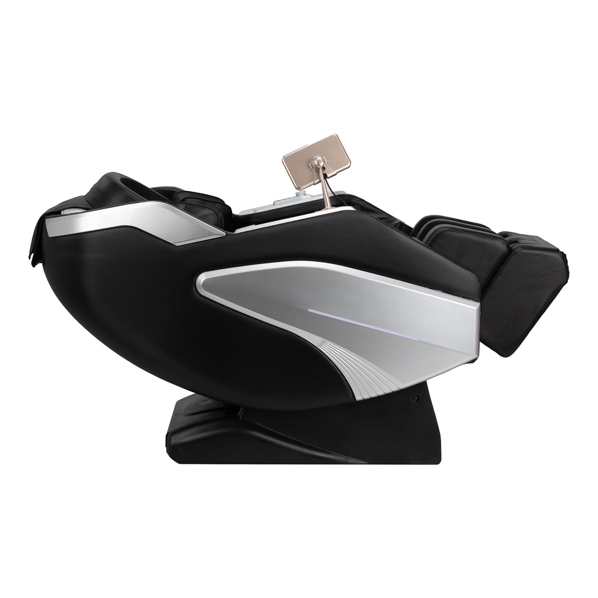Black Sakura Prime 108 massage chair showing padded armrests, control panel, and sleek modern design for relaxation and comfort.