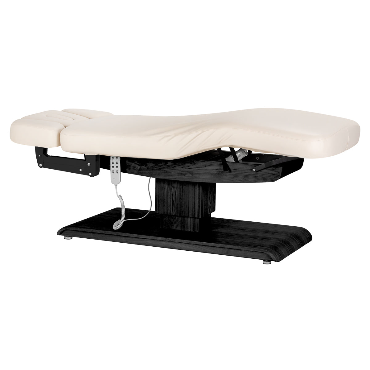 Cream SPA lounger Sillon Relax with black base, designed for beauty salon furniture, featuring a comfortable, adjustable design.