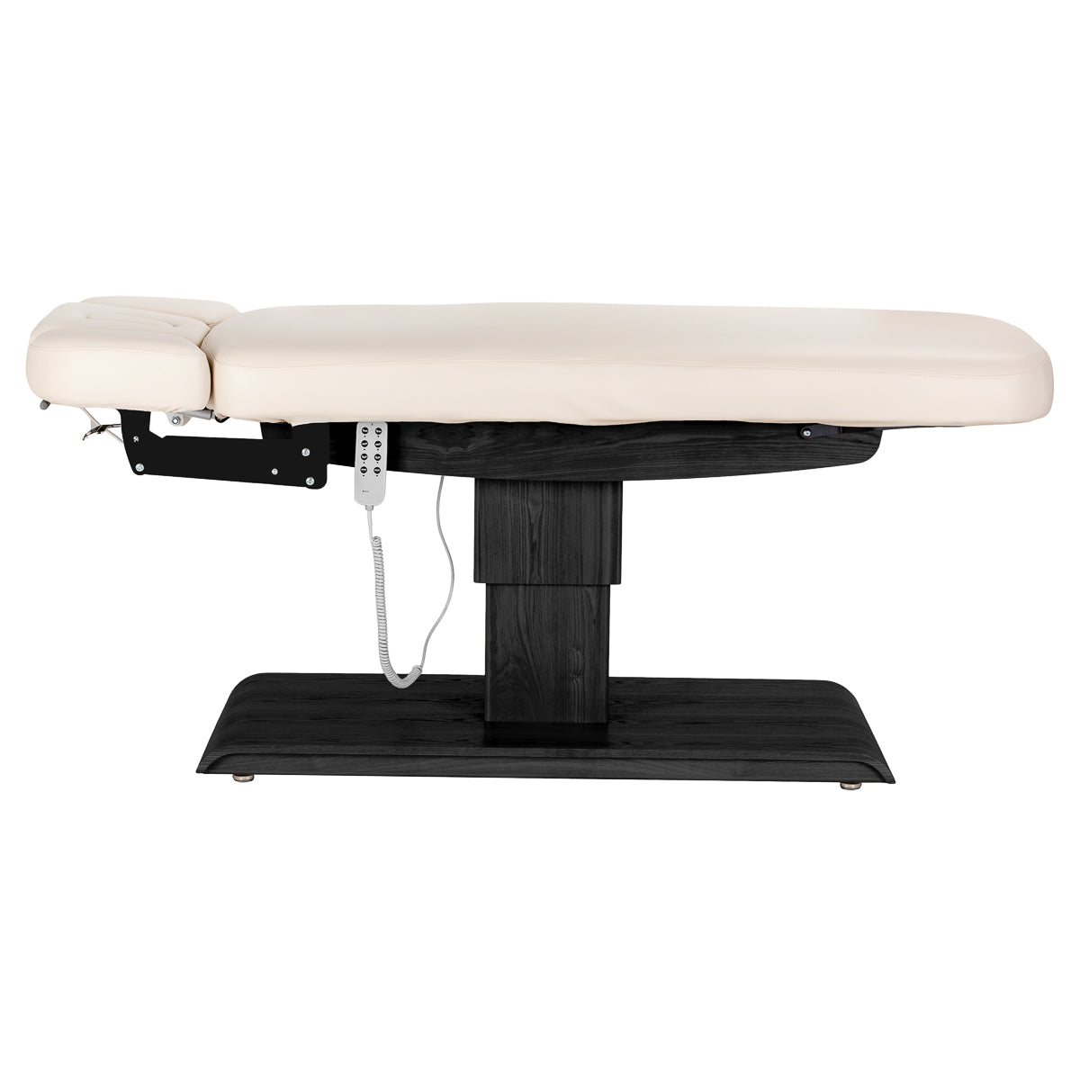 Cream SPA lounger Sillon Relax with black base, modern beauty salon furniture for comfortable client seating.