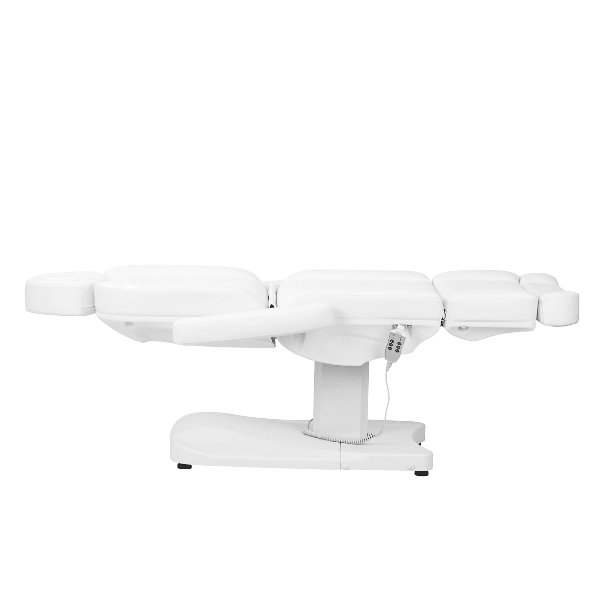 Azzurro 803D electric cosmetic chair in white with three motors, designed for beauty salon use, featuring plush upholstery and adjustable headrest.