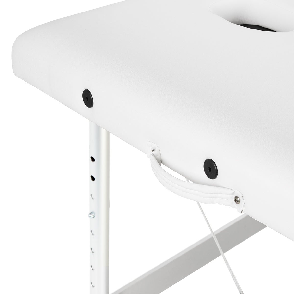 White BALANCE aluminium folding massage table with 3 segments, lightweight and portable massage furniture for professional use.