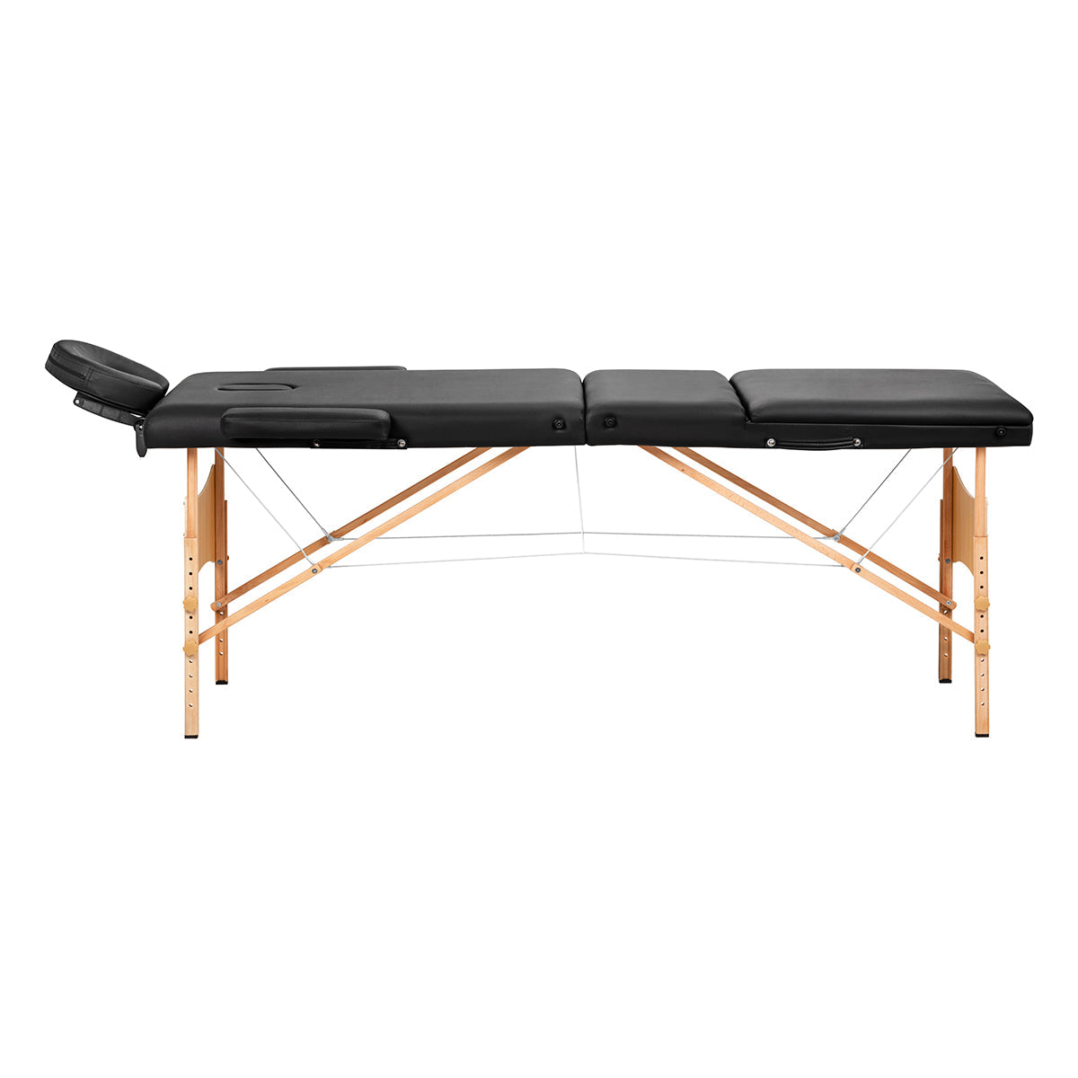 Black BALANCE wooden folding massage table with three-segment design, ideal for professional massage therapy sessions.