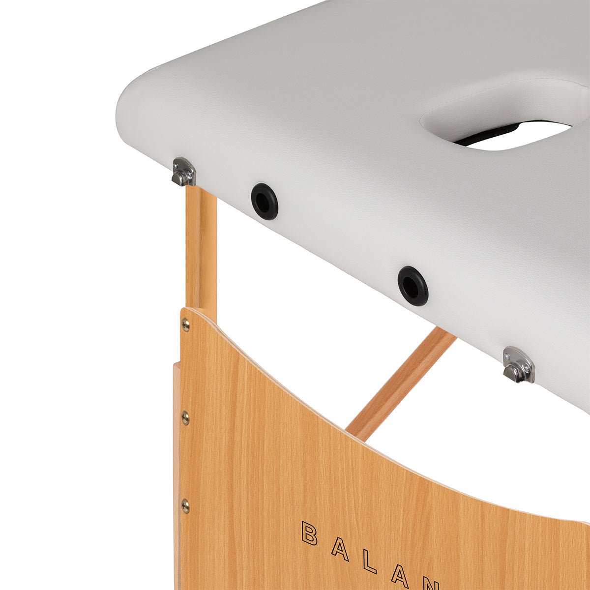 White BALANCE wooden folding massage table with 3 segments, measuring 190x70 cm, designed for professional massage therapy.