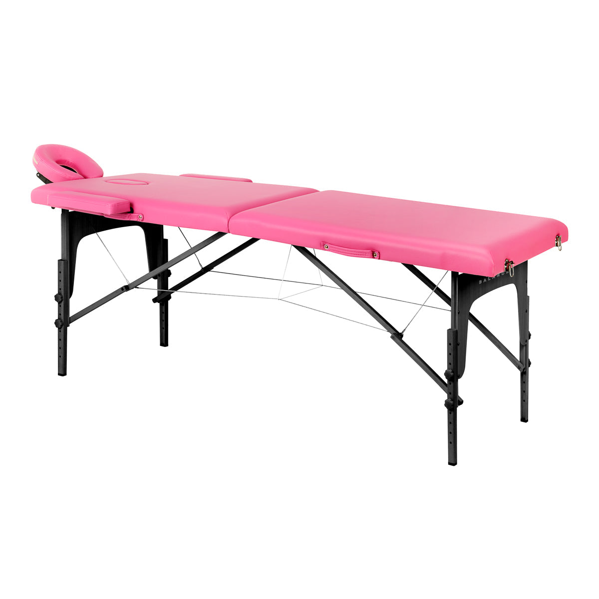 BALANCE wooden folding massage table with pink and black 2-segment design, portable massage furniture for therapy sessions.