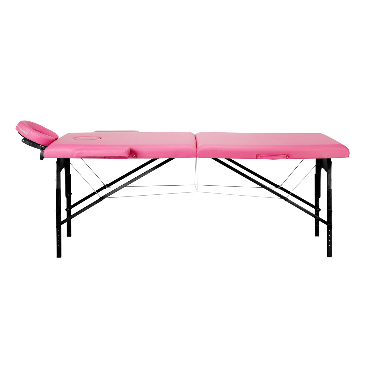 BALANCE wooden folding massage table with pink and black upholstery, featuring two adjustable segments for massage therapy.