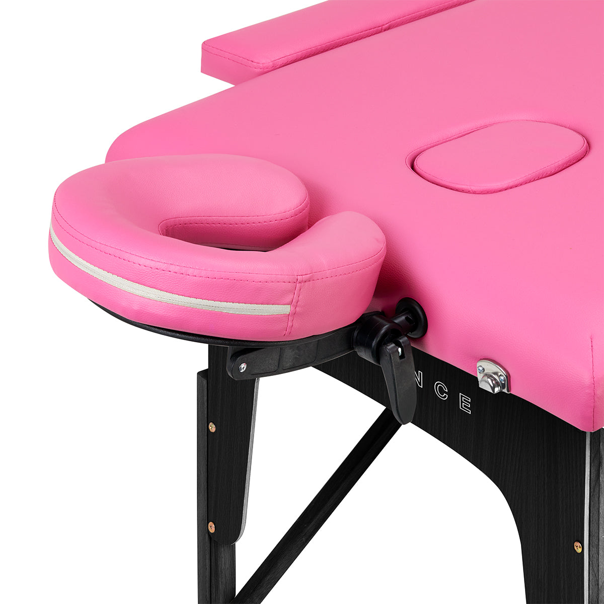 BALANCE wooden folding massage table with pink and black upholstery, two-segment design, suitable for professional massage therapy.