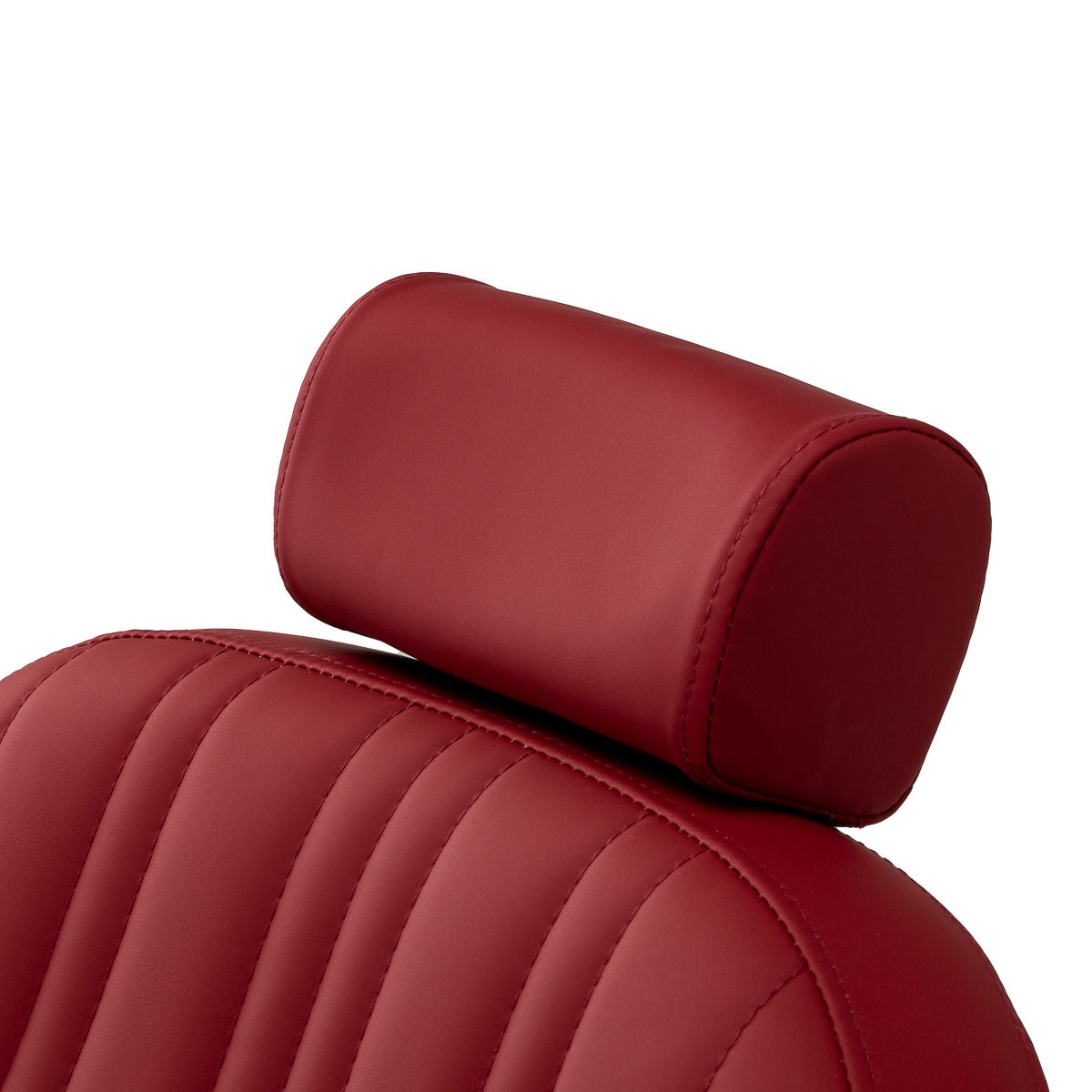 Red Gabbiano Elias barber chair with plush upholstery and adjustable headrest, designed for professional barbershop use.