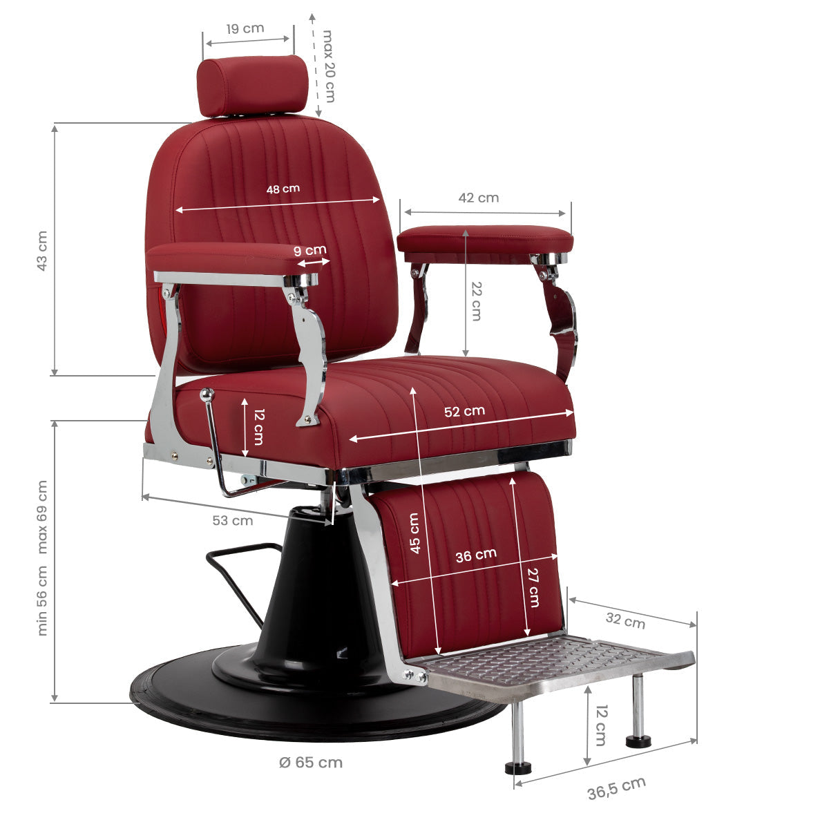 Red Gabbiano Elias barber chair with plush upholstery and adjustable features, designed for professional barbershop use.