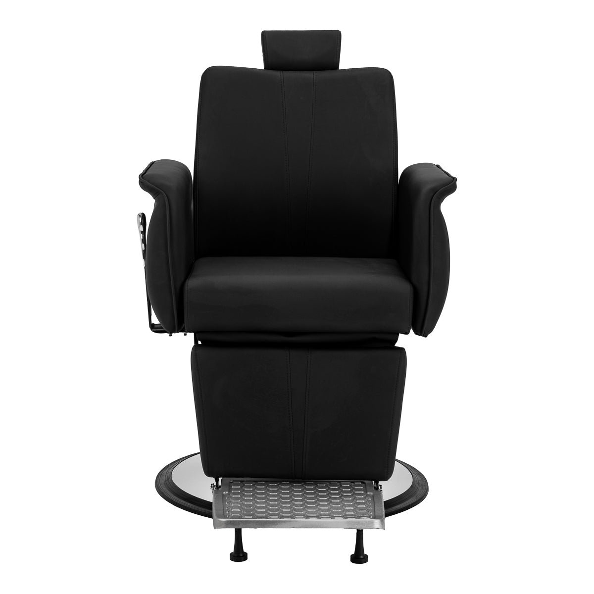 Black Gabbiano Athena barber chair with padded seat, backrest, and armrests, designed for barbershop furniture.