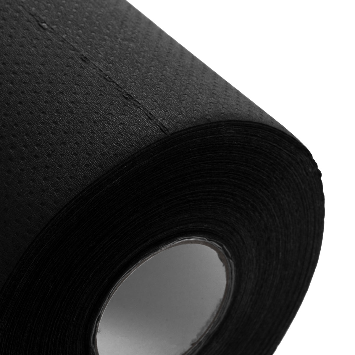 Disposable laminated paper sheet in black, 50 x 40 meters, by BVShop, shown rolled out with laminated surface visible.