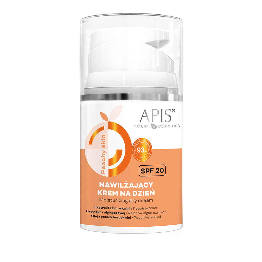 APIS Peachy Skin Moisturizing Day Cream SPF 20 in 50ml jar, visible creamy texture with peach-colored packaging.