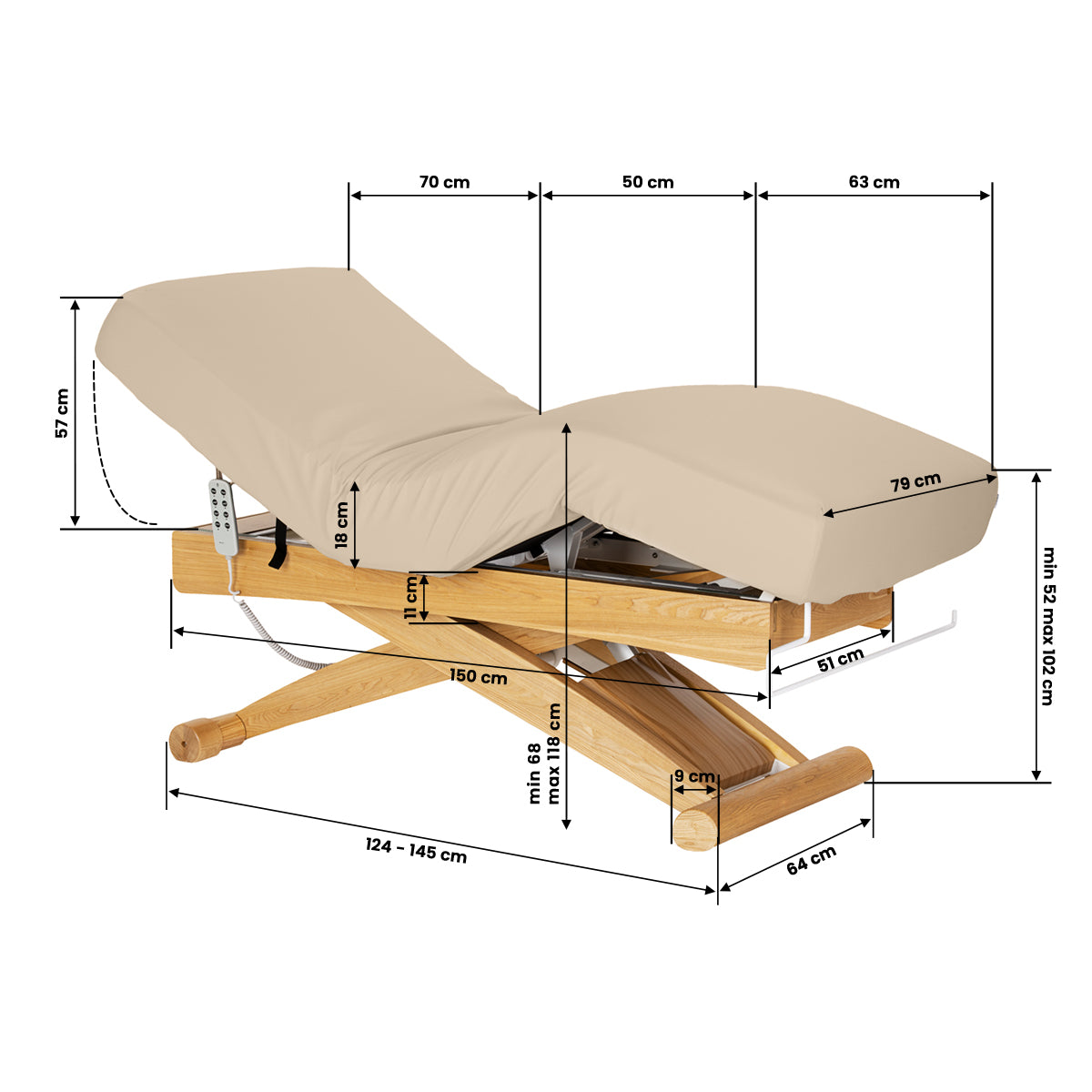 Sillon Siesta Ηλεκτρικό Κρεβάτι SPA – Μπεζ, Βάση Ανοιχτό Καφέ · Σχέδιο διαστάσεων