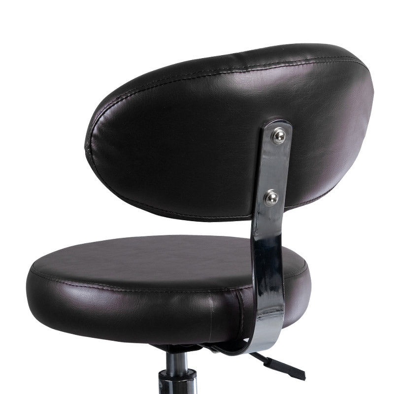 Black cosmetology stool with backrest, adjustable height, and cushioned seat by Beauty System for salon or spa use.