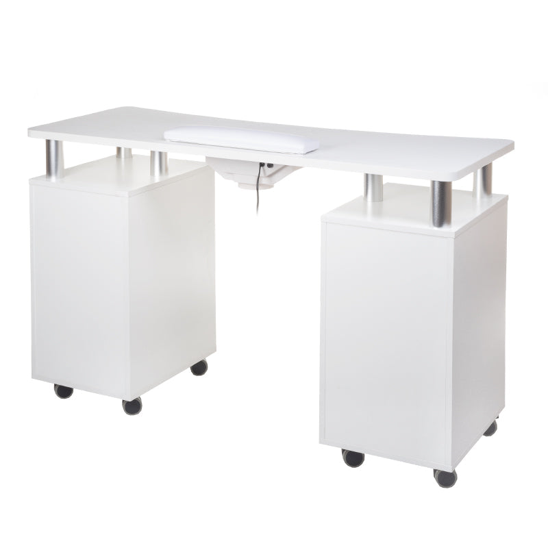White manicure table with built-in dust extractor from Beauty System, featuring workspace and integrated ventilation for nail salon use.