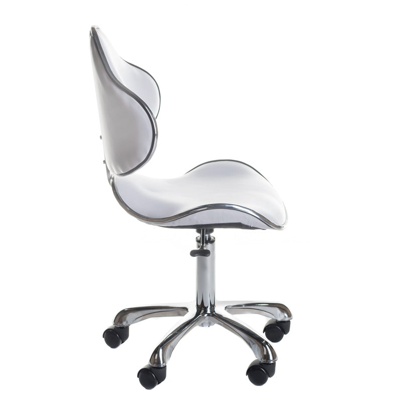 White cosmetic stool with backrest from Beauty System, featuring a padded seat and sturdy base for professional beauty treatments.