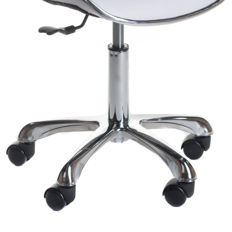 Beauty System cosmetic stool with backrest in white, adjustable height and padded seat for professional beauty salon use.
