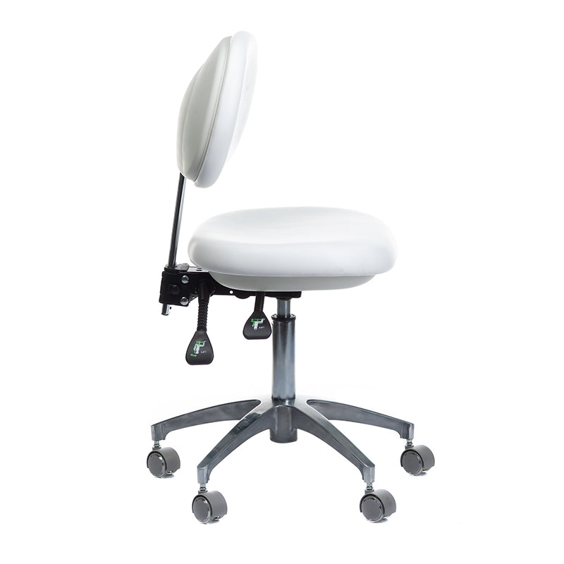 White medical stool with backrest from Beauty System, featuring adjustable height and ergonomic design for healthcare settings.