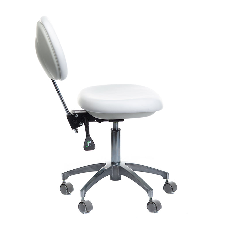 White medical stool with backrest from Beauty System, featuring adjustable height and ergonomic design for clinical use.