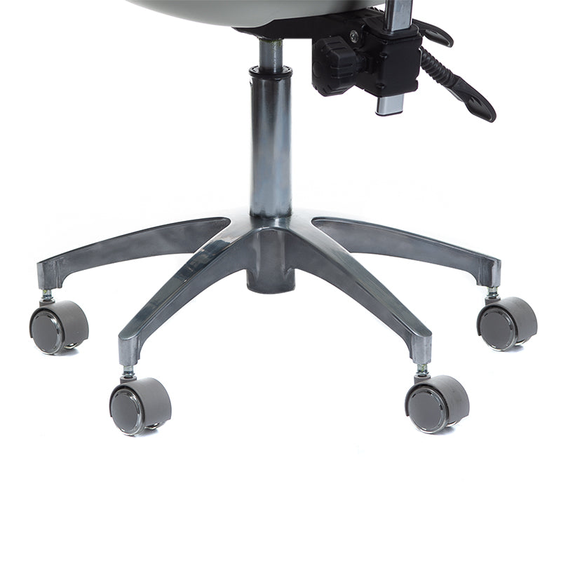 White medical stool with backrest from Beauty System, featuring adjustable height and ergonomic design for clinical or salon use.