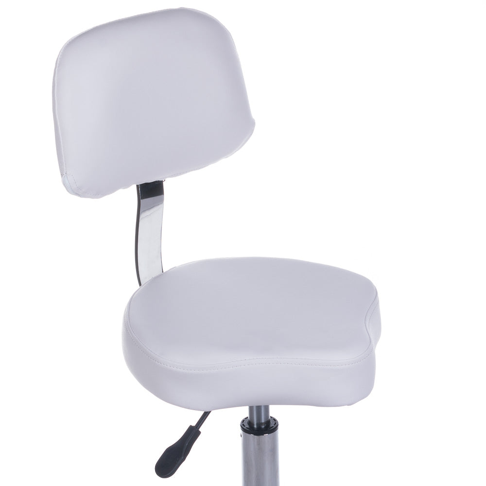 White cosmetic stool with backrest and adjustable height from Beauty System, featuring a sturdy seat and supportive design.