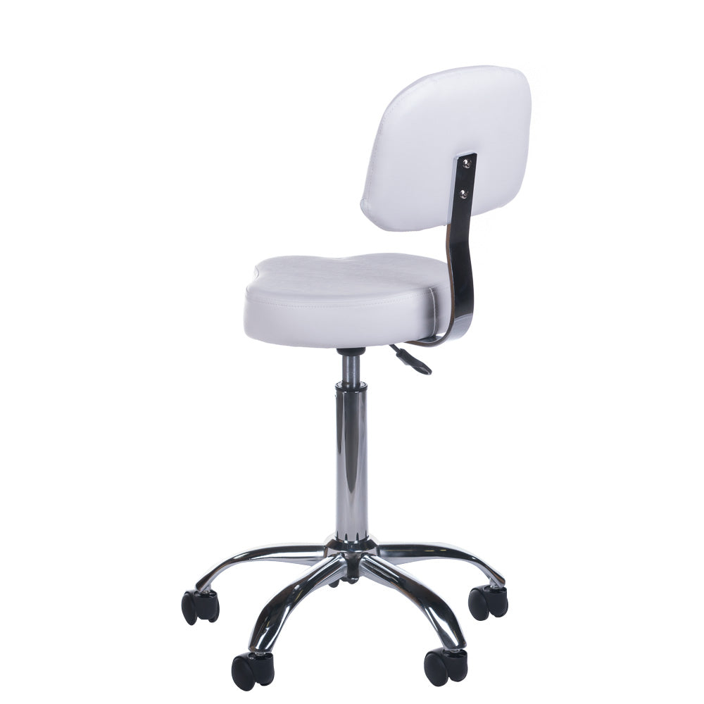 White cosmetic stool with backrest and adjustable height from Beauty System, designed for salon or beauty treatment use.