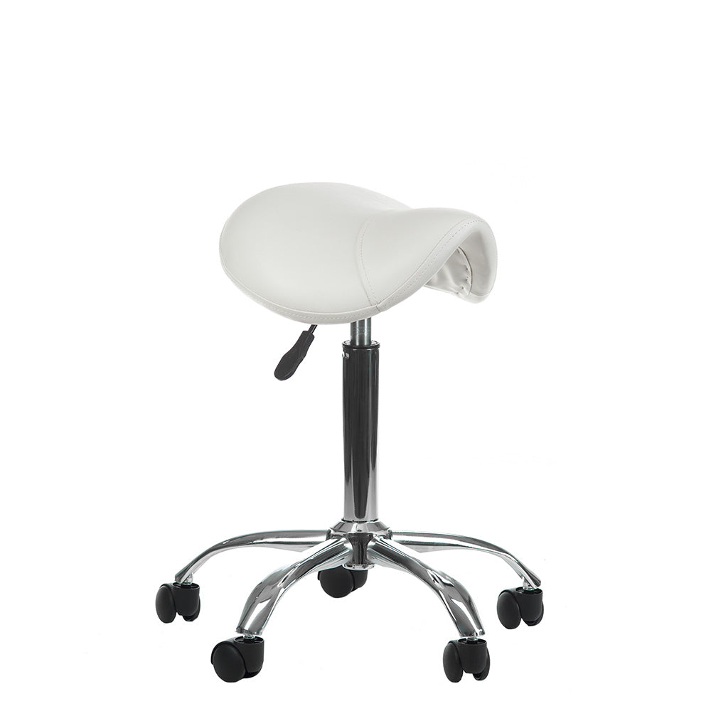 White cosmetic stool BD-9909 by Beauty System with cushioned seat and chrome base, ideal for beauty salons and makeup artists.