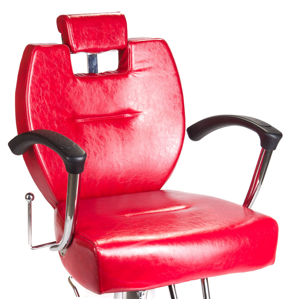 Red barber chair HEKTOR BH-3208 by Beauty System with cushioned seat and backrest, adjustable height, and sturdy base.