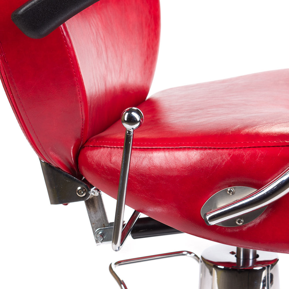Red Barber Chair HEKTOR BH-3208 by Beauty System with padded seat and backrest, adjustable armrests, and sturdy metal base.
