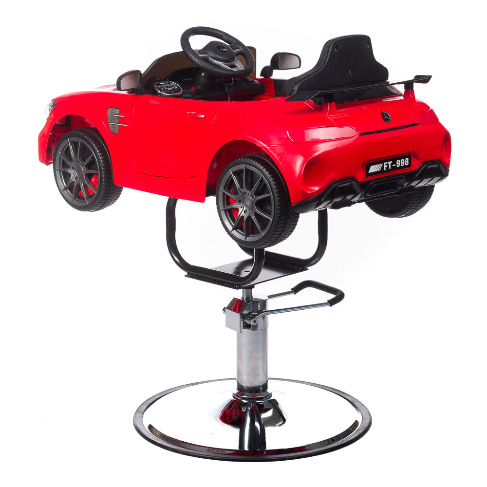 Children's Mercedes red hairdressing chair by Beauty System, featuring a vibrant red seat with adjustable height and playful design.