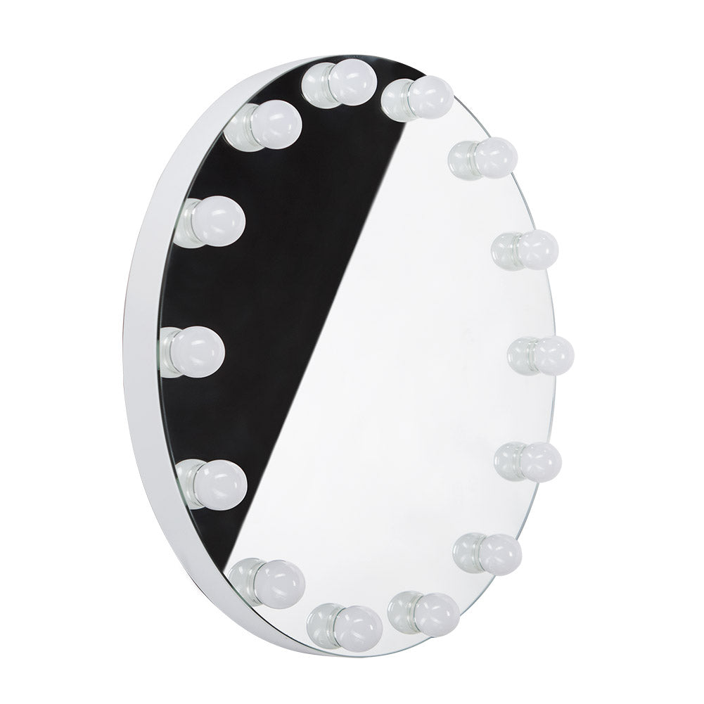 Beauty System Hollywood LED round makeup mirror with 50cm diameter, illuminated with bright, even lighting for beauty routines.