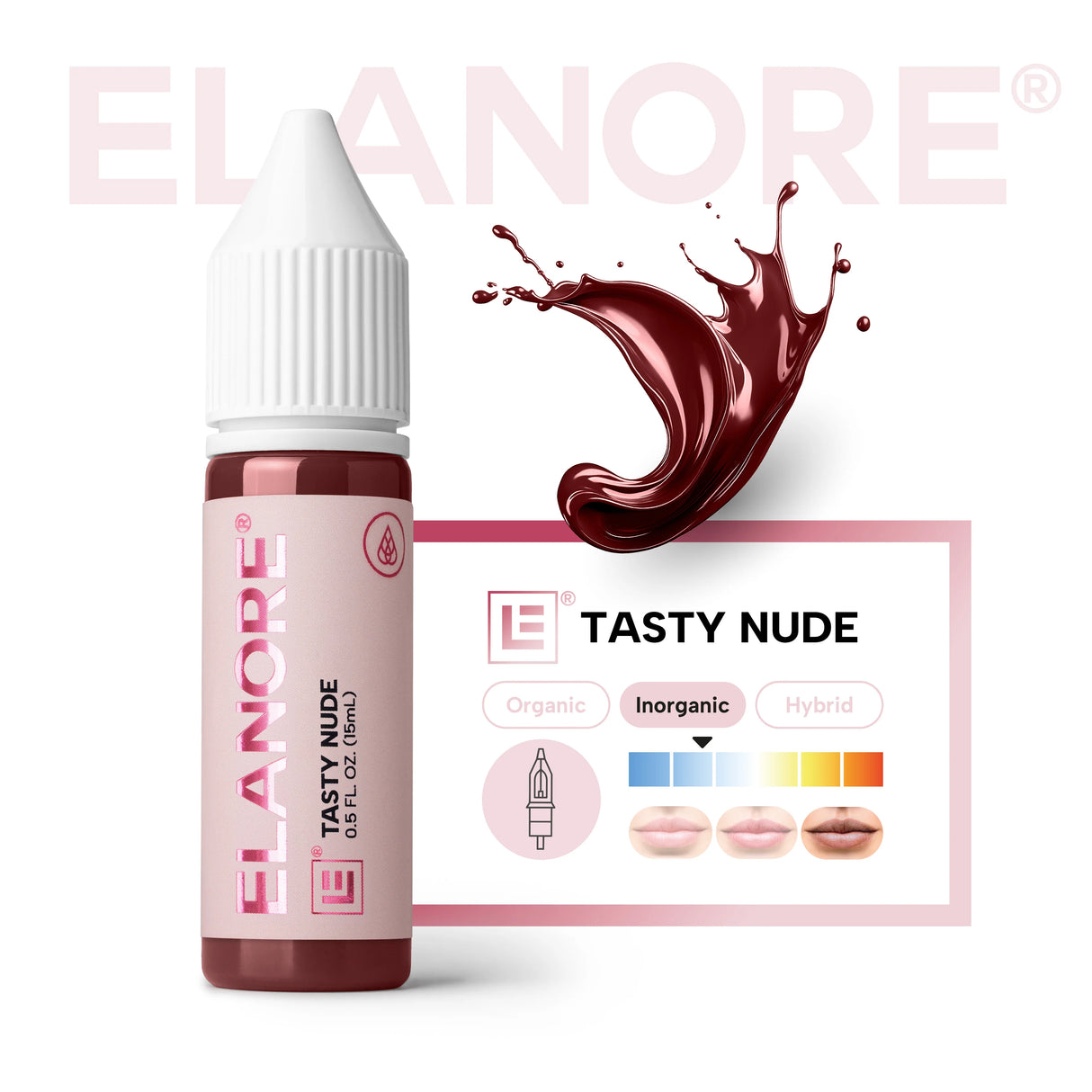 Close-up of The Pigment x ELANORE Tasty Nude Pigment 15ml bottle with detailed label and smooth, nude-colored liquid inside.