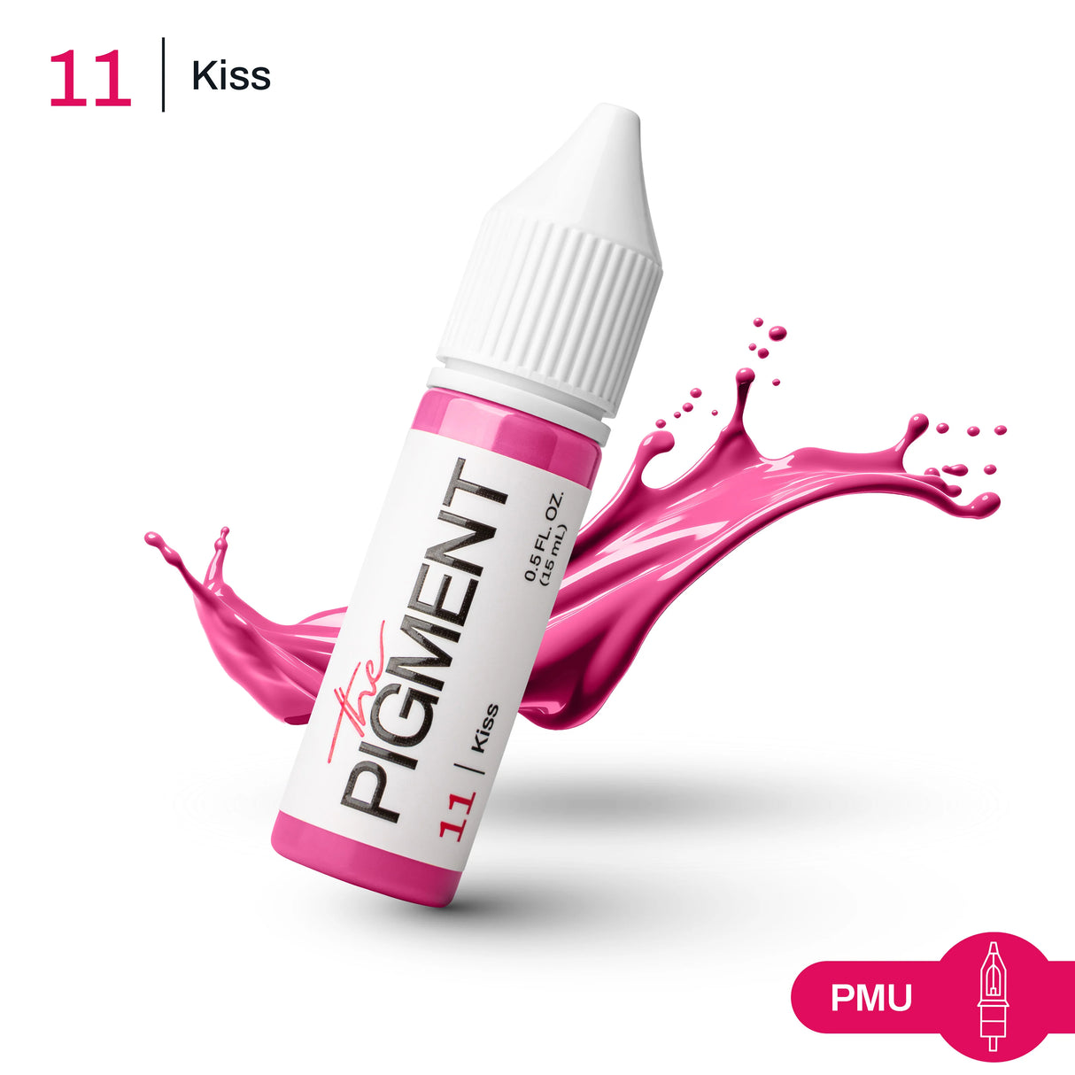 The Pigment 11 Kiss Pigment in a 15ml bottle, used for permanent makeup, shown in a clear container with label on a white background.