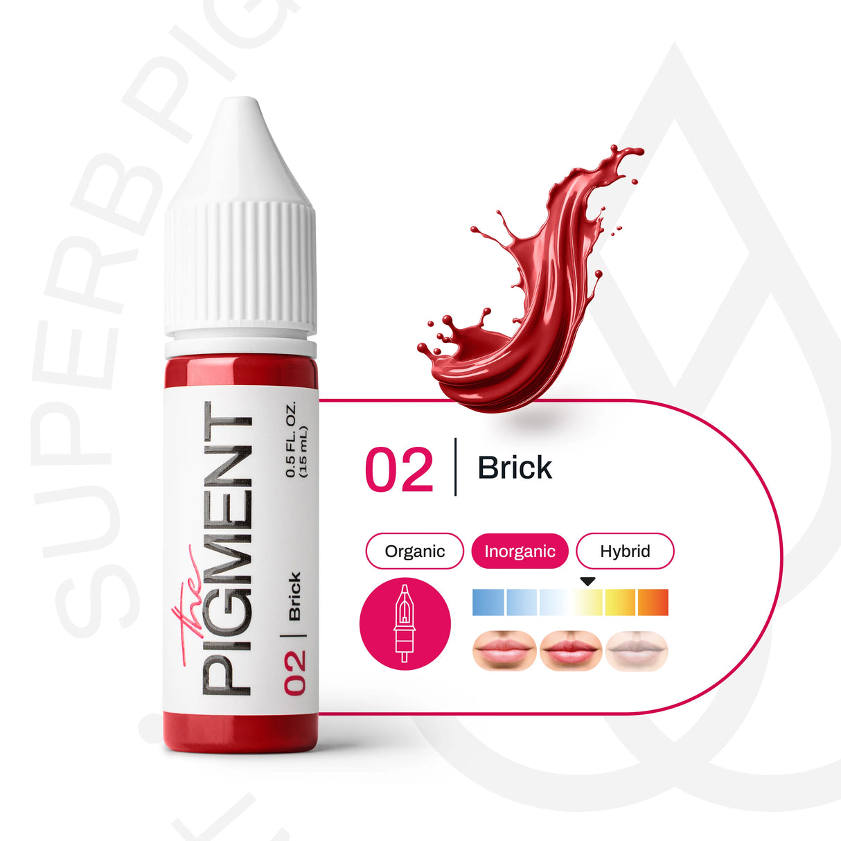 15ml bottle of The Pigment Brick Pigment used for permanent makeup lips, shown in a clear view with the product label visible.