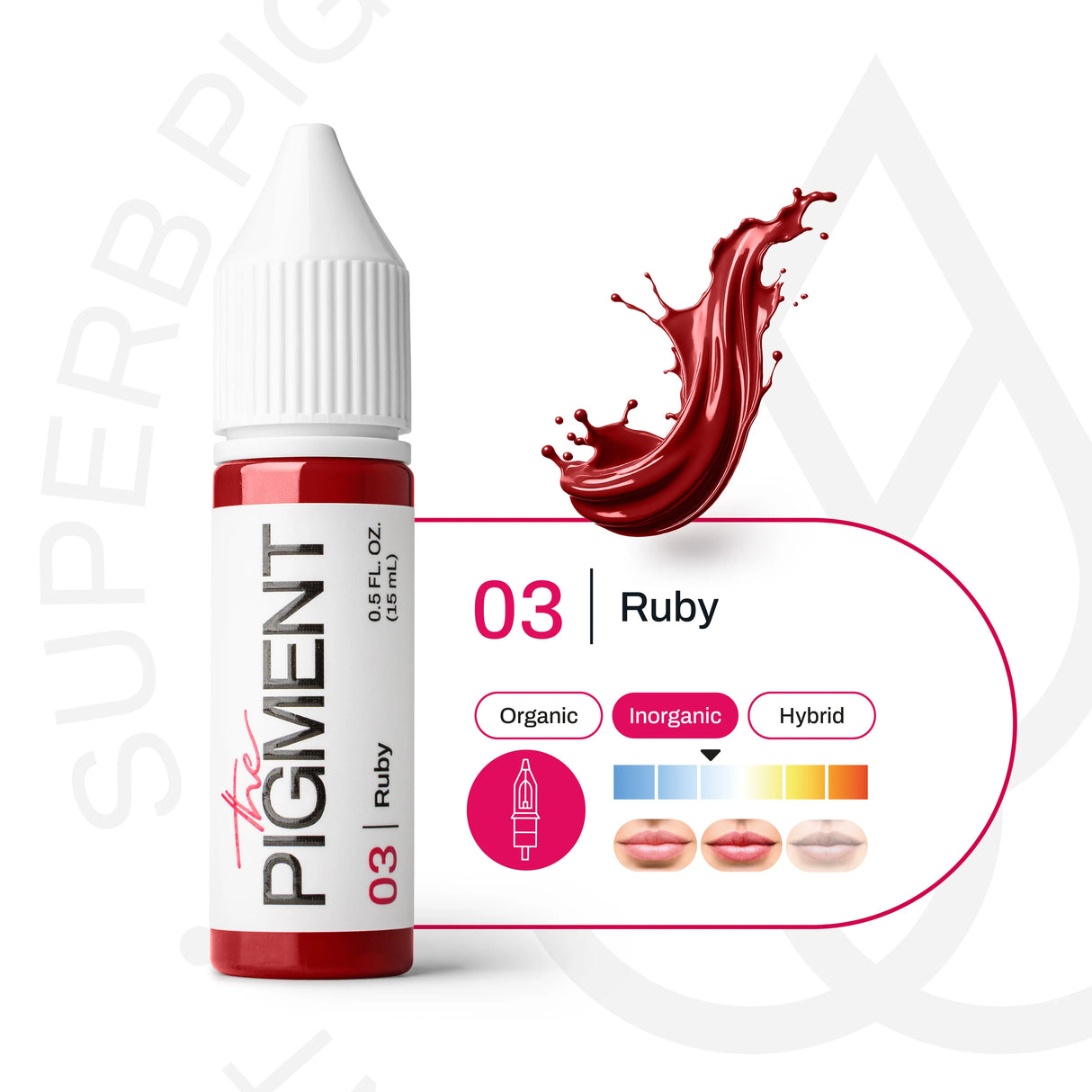 The Pigment 03 Ruby pigment in a 15ml container, shown on a black background, used for permanent makeup and cosmetic tattooing.